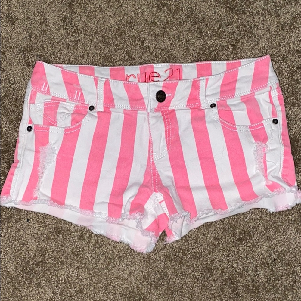 Pink and white striped denim shorts